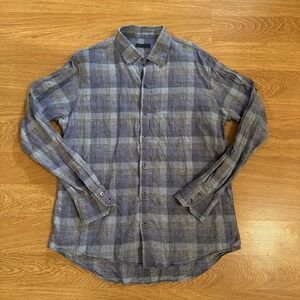 Zachary Prell Shirt Men's Medium 100% Linen Blue/Gray Plaid Long Sleeve Preppy